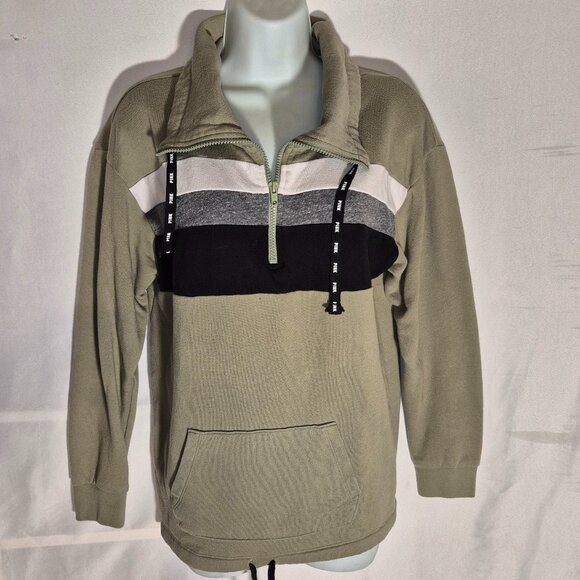 PINK/Victoria's Secret zippered front fleece jacket, green w/stripes in size XS - Picture 1 of 16